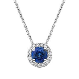 Blue Sapphire and White Sapphire Pendant in 18K White Gold – 1.50ct Center Stone