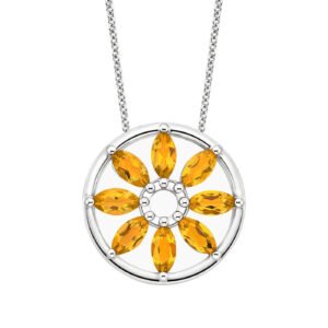 Sunflower Silver Pendant with Marquise Citrine Stones 3.3ct Total Weight