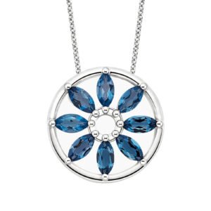 Sunflower Silver Pendant with Marquise London Blue Topaz Stones – 3.3ct Total Weight